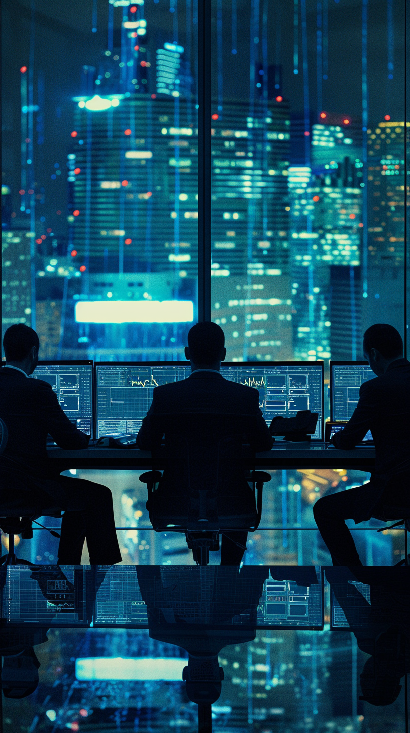 Three people sit around the table to focus on work, the night scene outside the window, the office atmosphere is professional.