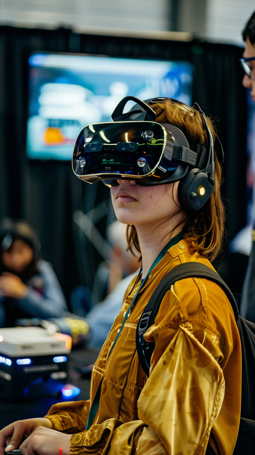 Women wear VR devices, experience the virtual world, look focused and engaged.