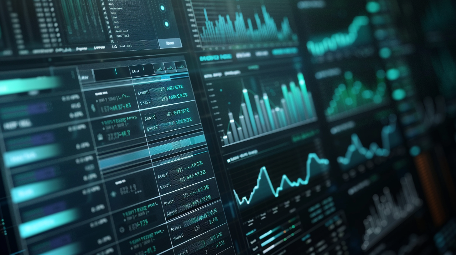 The screen interface is complex, the data and charts are diverse, the colors are deep and the information is rich.