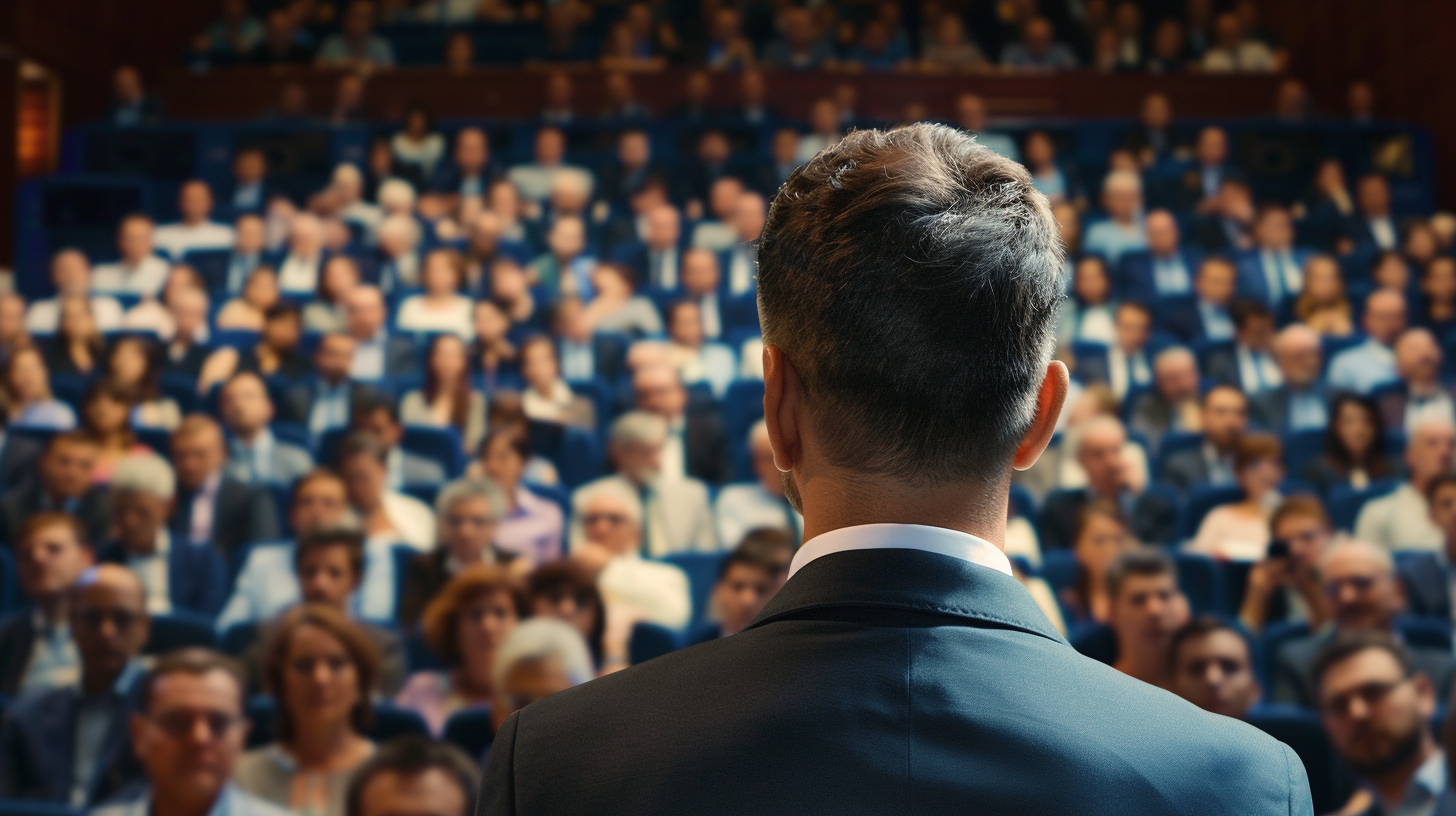 In the man's speech, the audience listened attentively, the scene was solemn and the atmosphere was solemn.