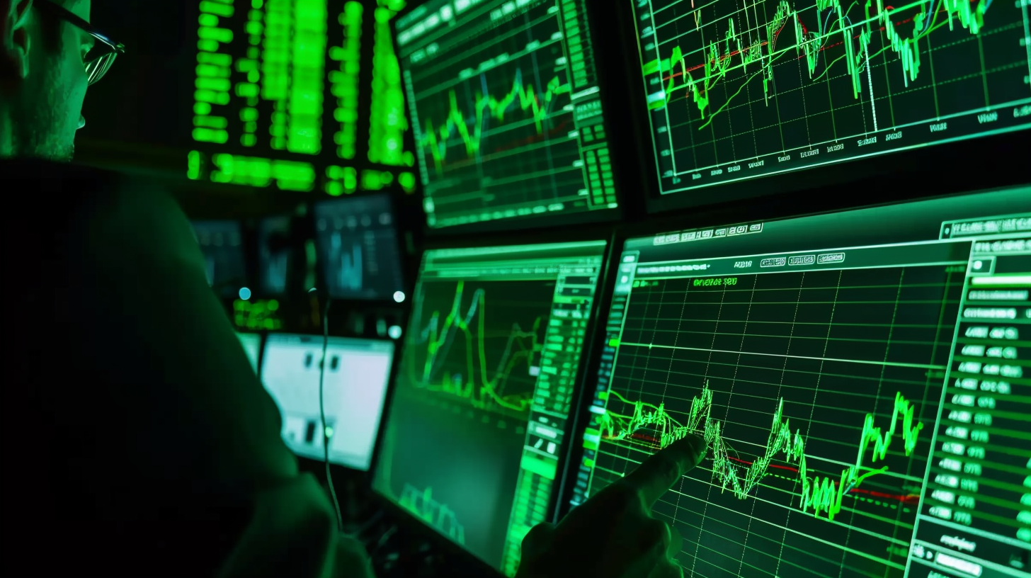 The room is dark, people in dark clothes, eyes on the green screen, stock market data leap on the screen.