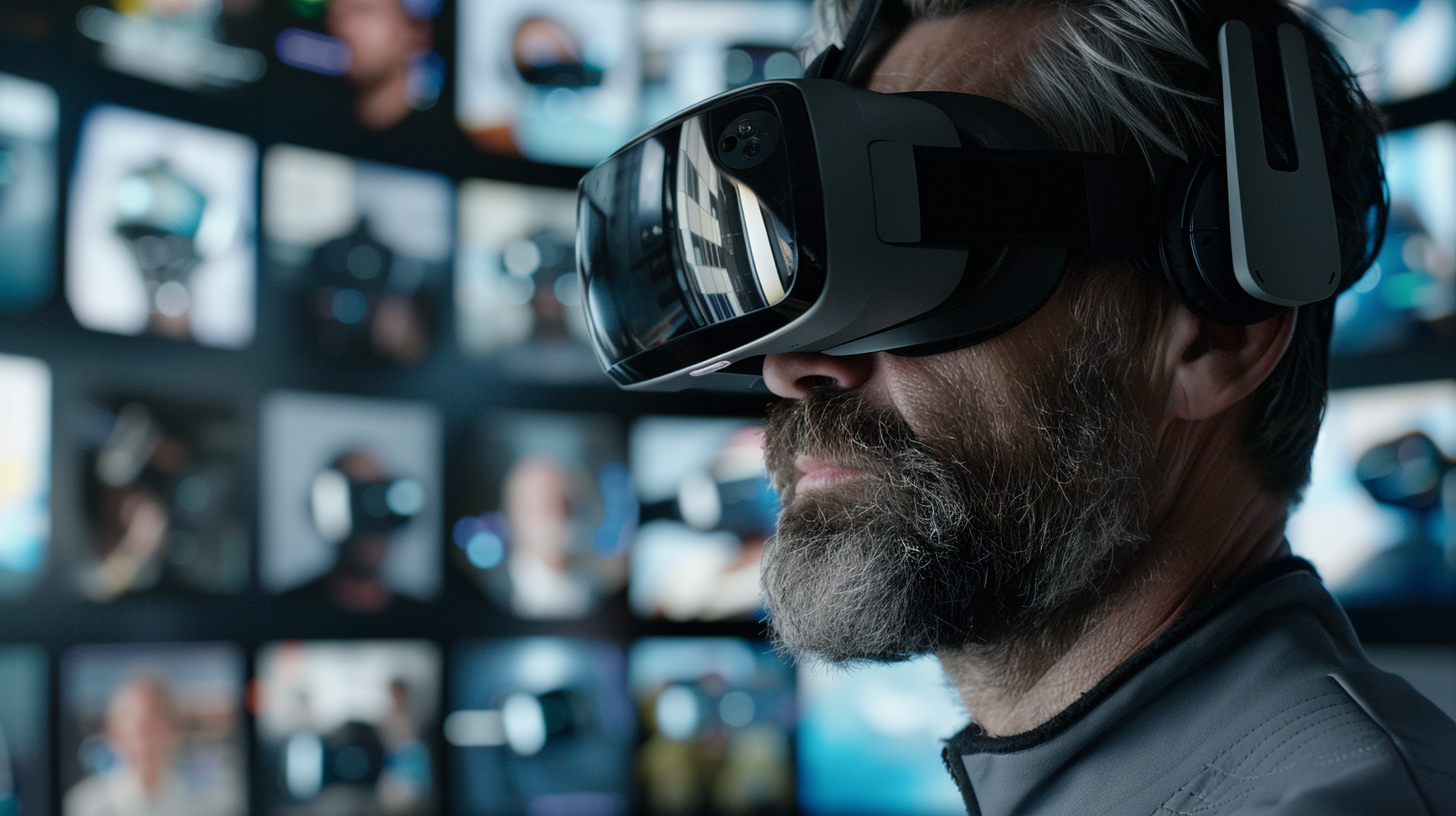 The man with gray hair wears VR glasses, his eyes are focused, and multiple screens are interwoven in the background, with a strong technological atmosphere.