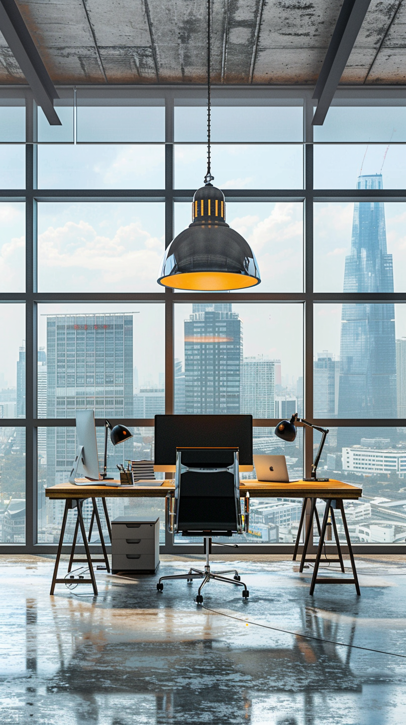 Spacious and bright office, vintage chandeliers against the skyline outside the window, strong professional atmosphere.