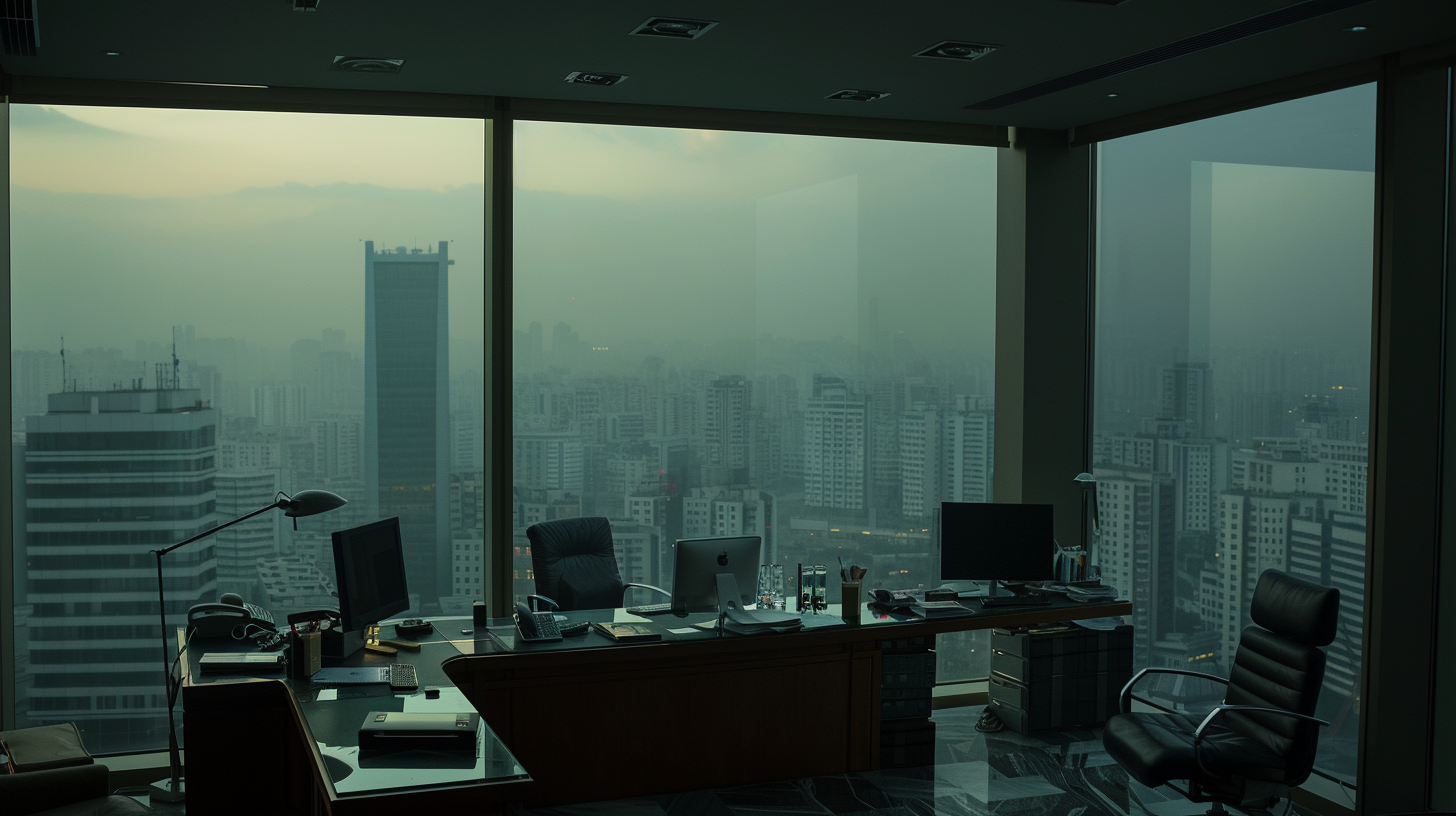 Inside the modern office, a view of the city looms through the Windows in the dim light.