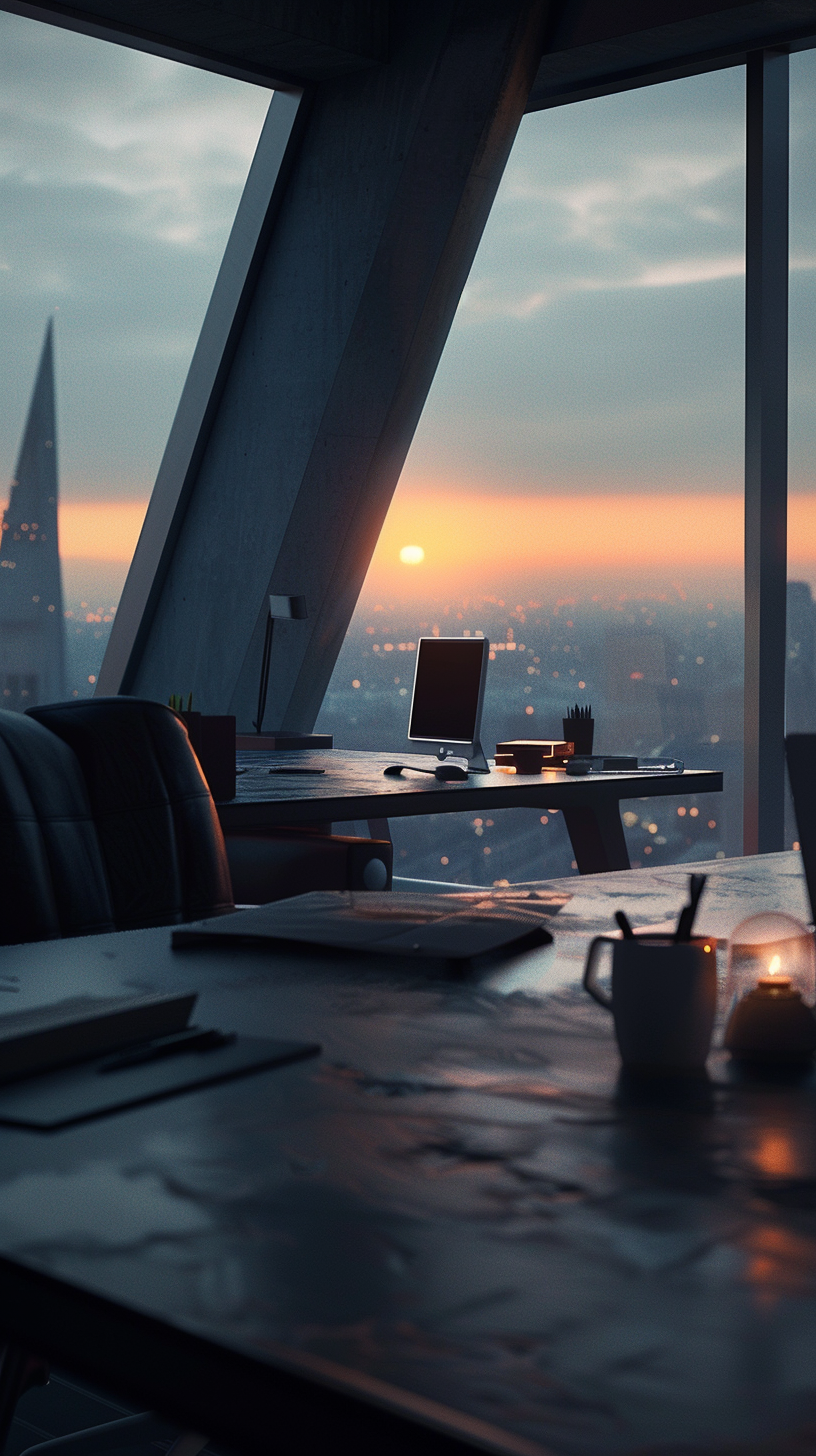 High-rise night view indoor, simple modern work area, candlelight warm atmosphere.