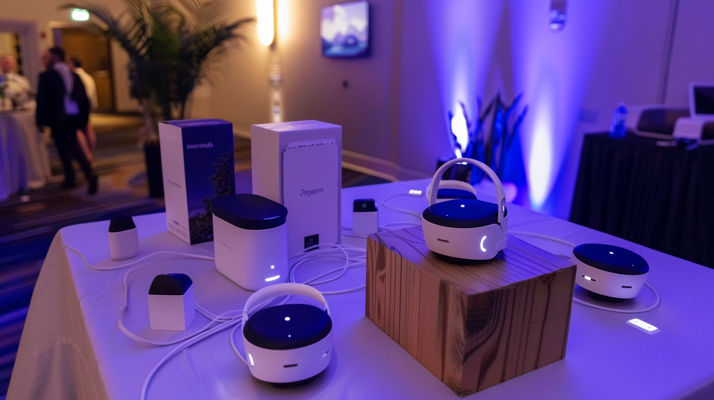 Tables with electronics are shaded, and purple lights give a technical vibe.
