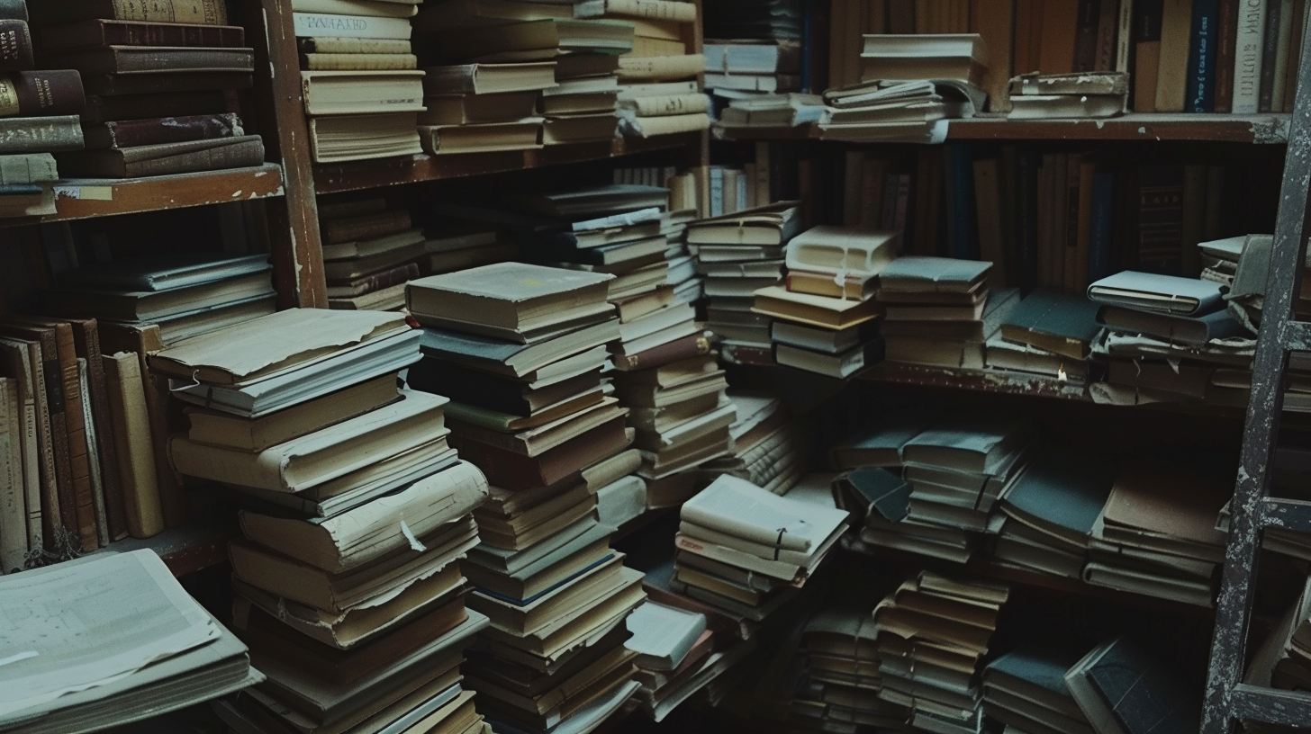 With books stacked on the shelves and pages scattered on the floor, the room is quiet and quaint.