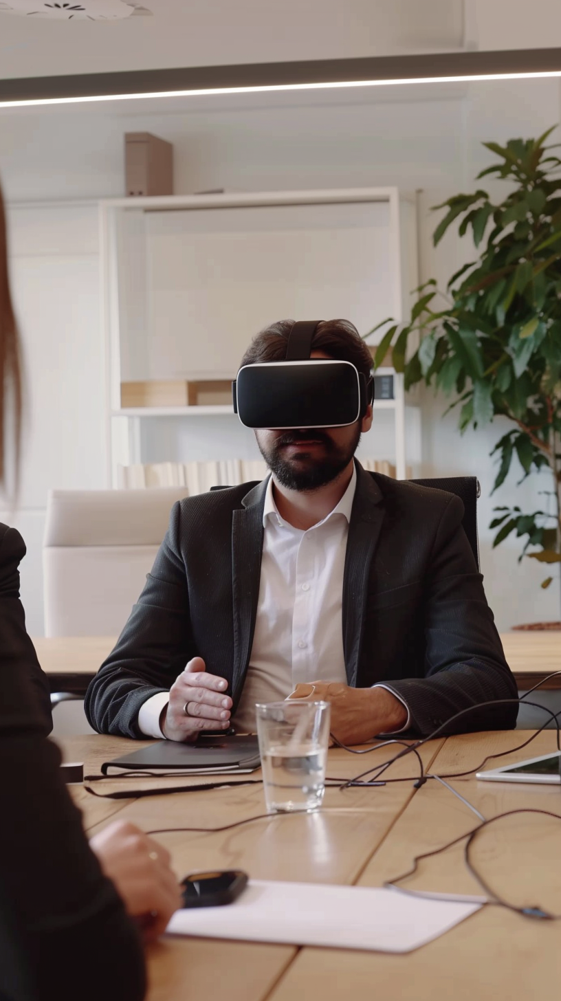 Men wearing VR glasses sit at the table, behind the green plants, table water cup file tablet.