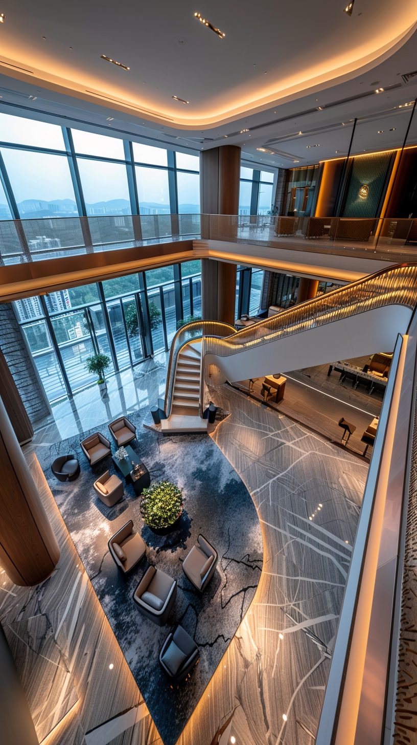 The lobby is open, the light is soft, the city and mountain scenery blend outside the window, and the green plants are embellished, showing the luxury.