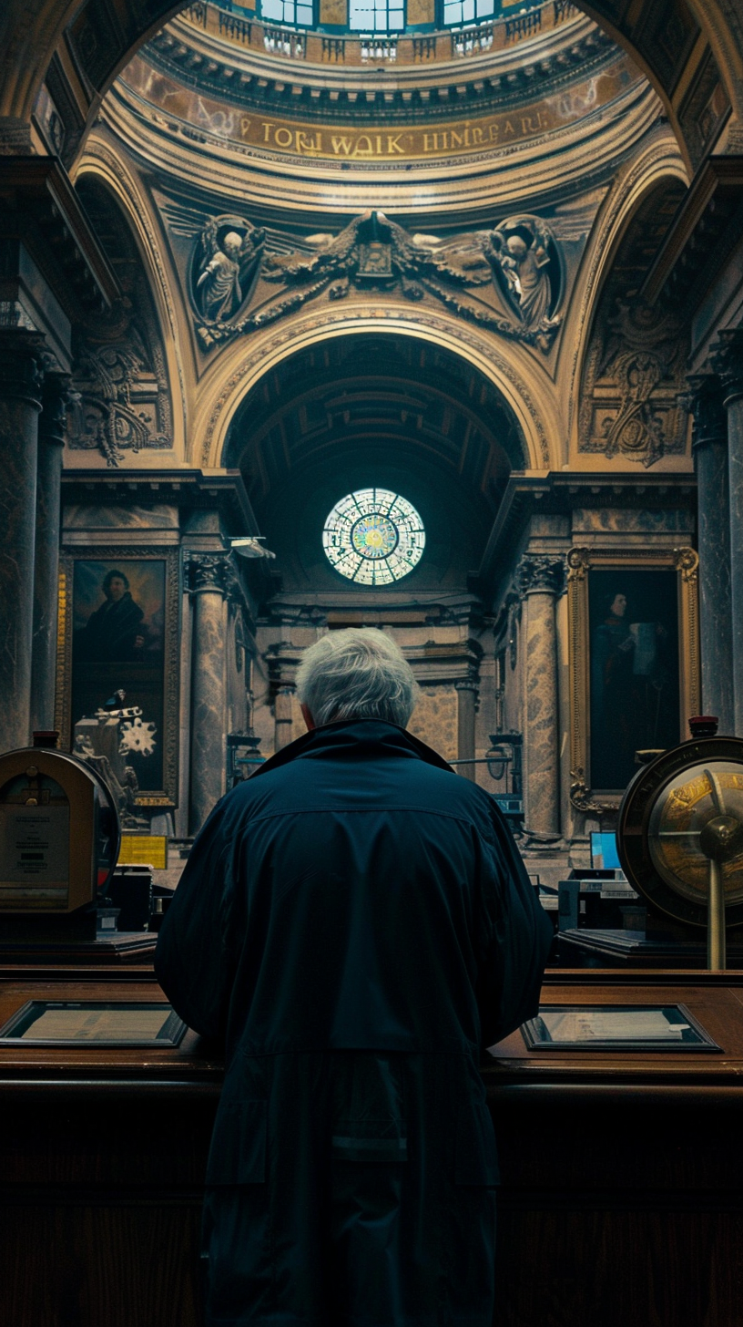 The old man meditates on the back of the church, the environment is solemn and gorgeous, and the atmosphere is quiet and peaceful.