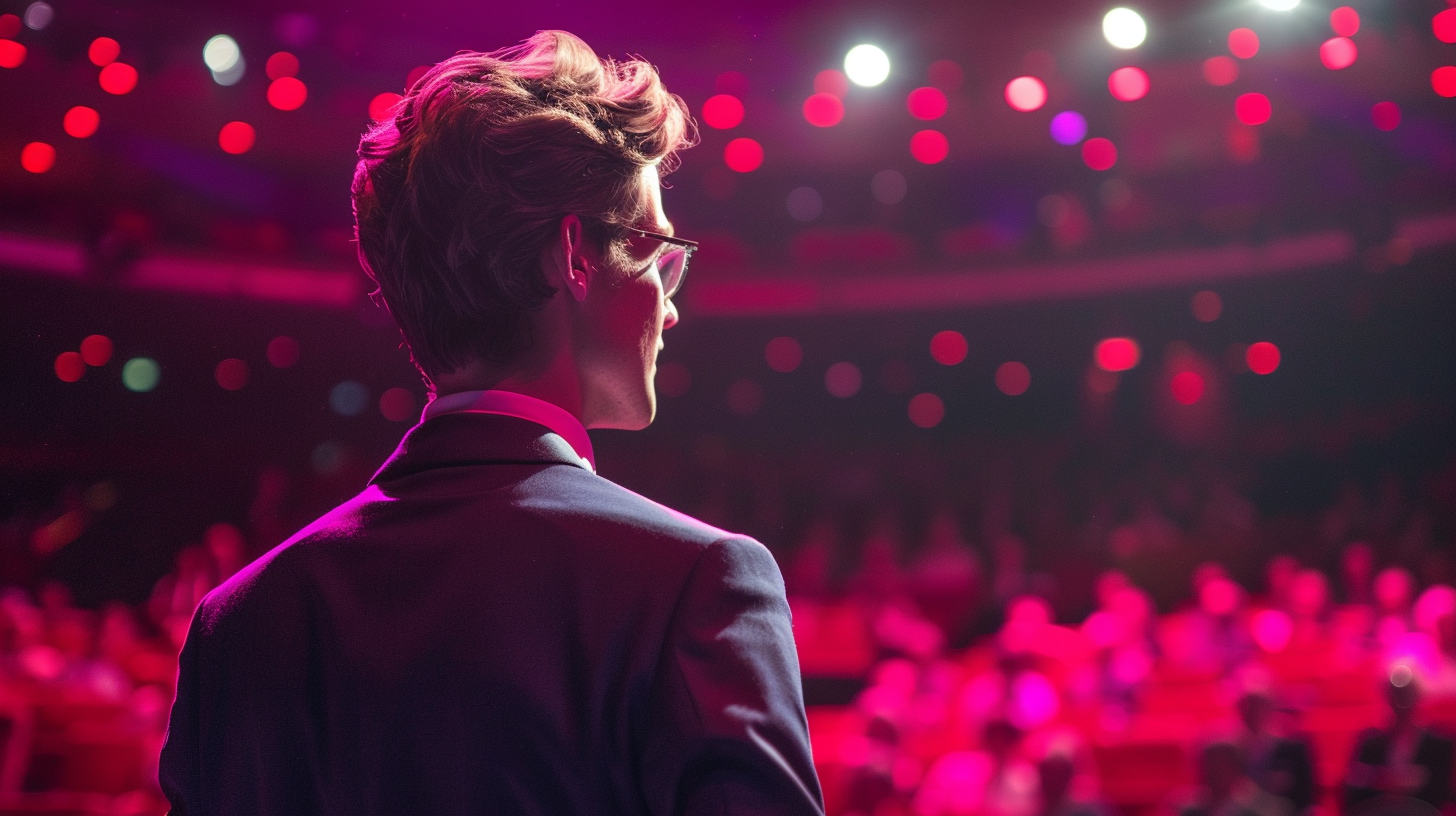 Men in suits stand on the stage, the background of the red curtain is solemn, the audience is full of atmosphere.