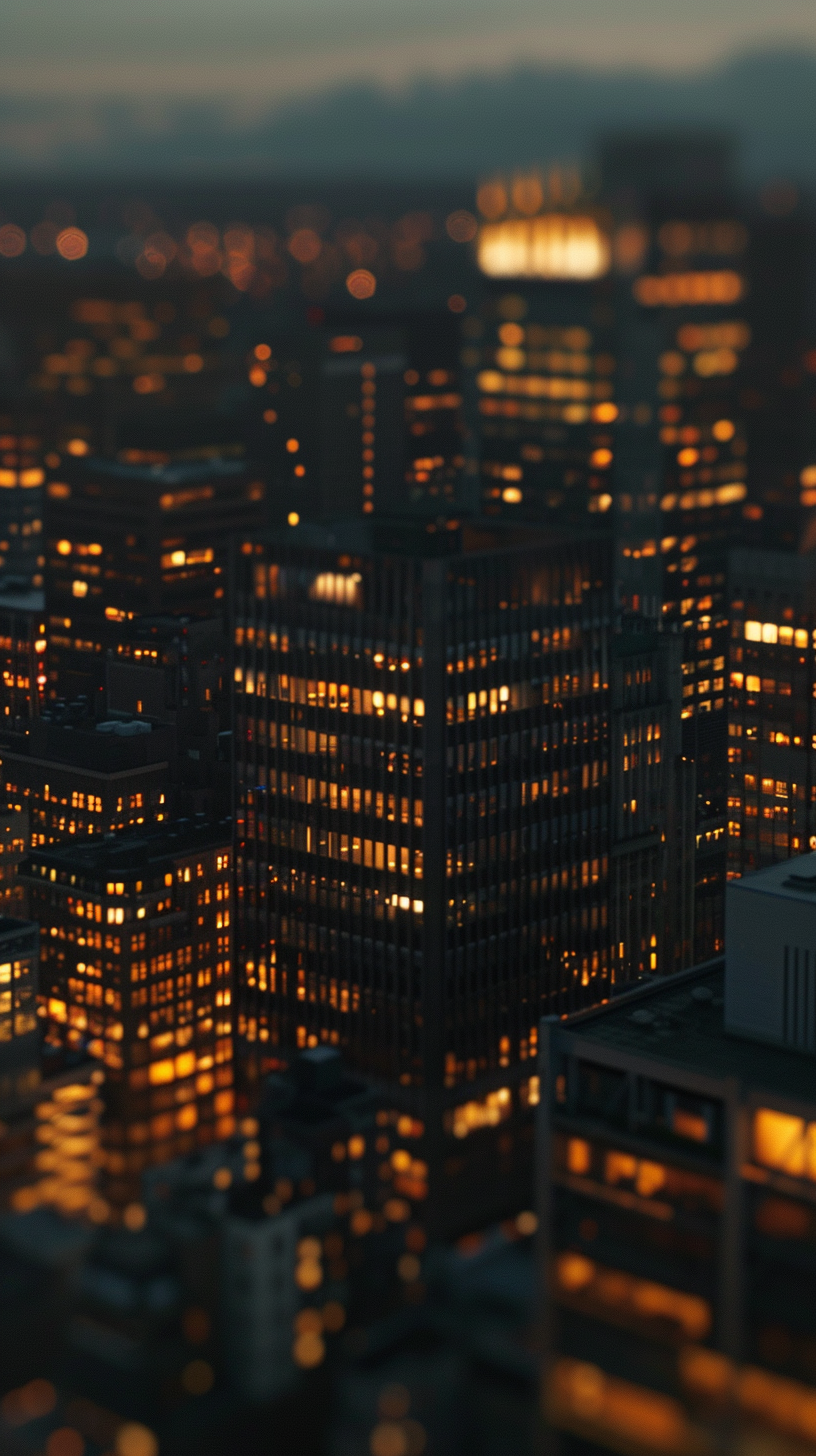 The lights are on, the buildings are bright, and the city is bustling in the twilight of the night.