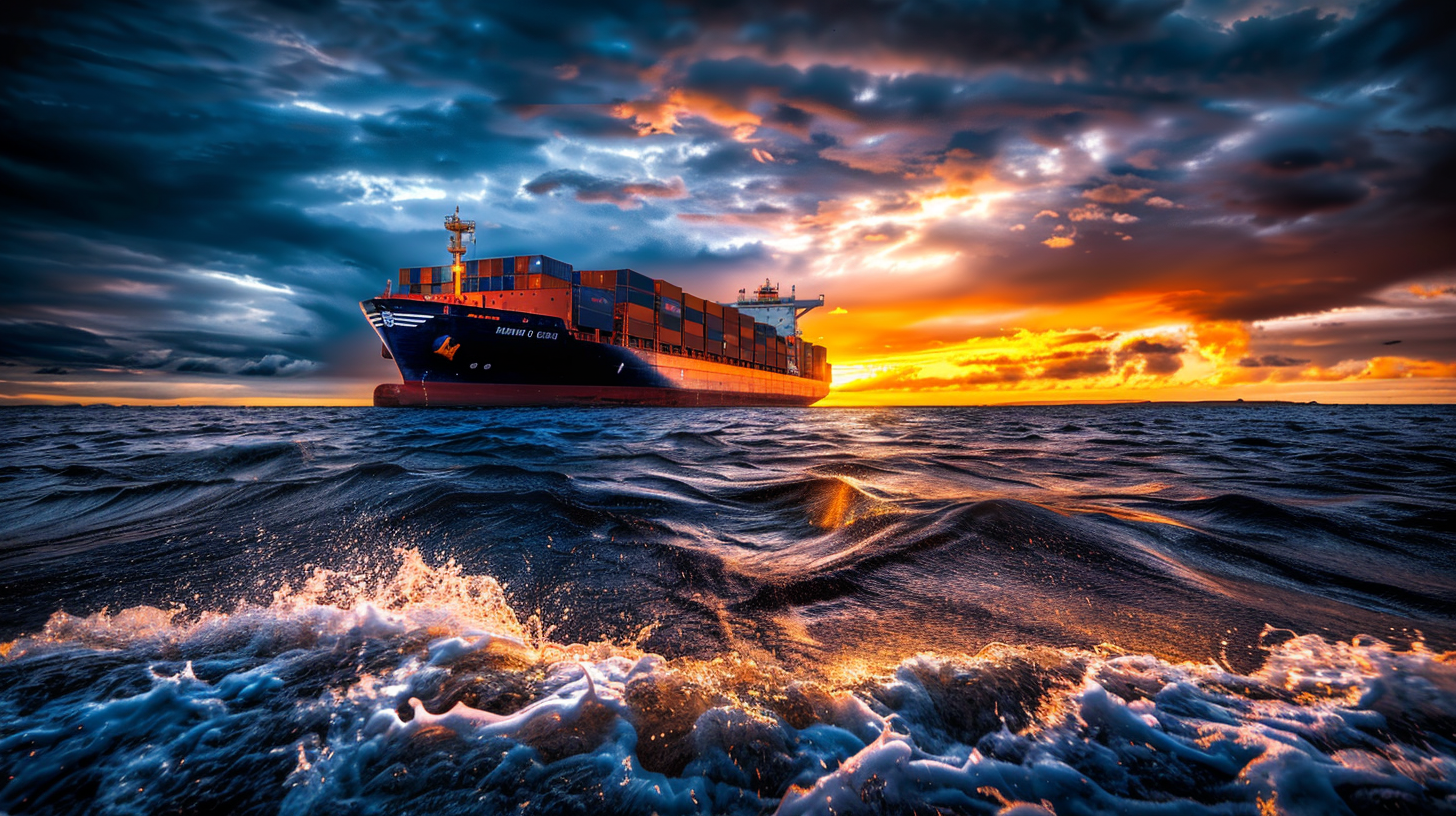 The giant ship gallops across the sea, the sunset is full of gold, the magnificent display.