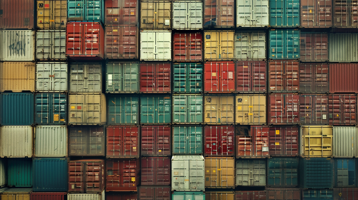 Color boxes stacked into a wall, marking different difficult to distinguish, the port is busy with goods.
