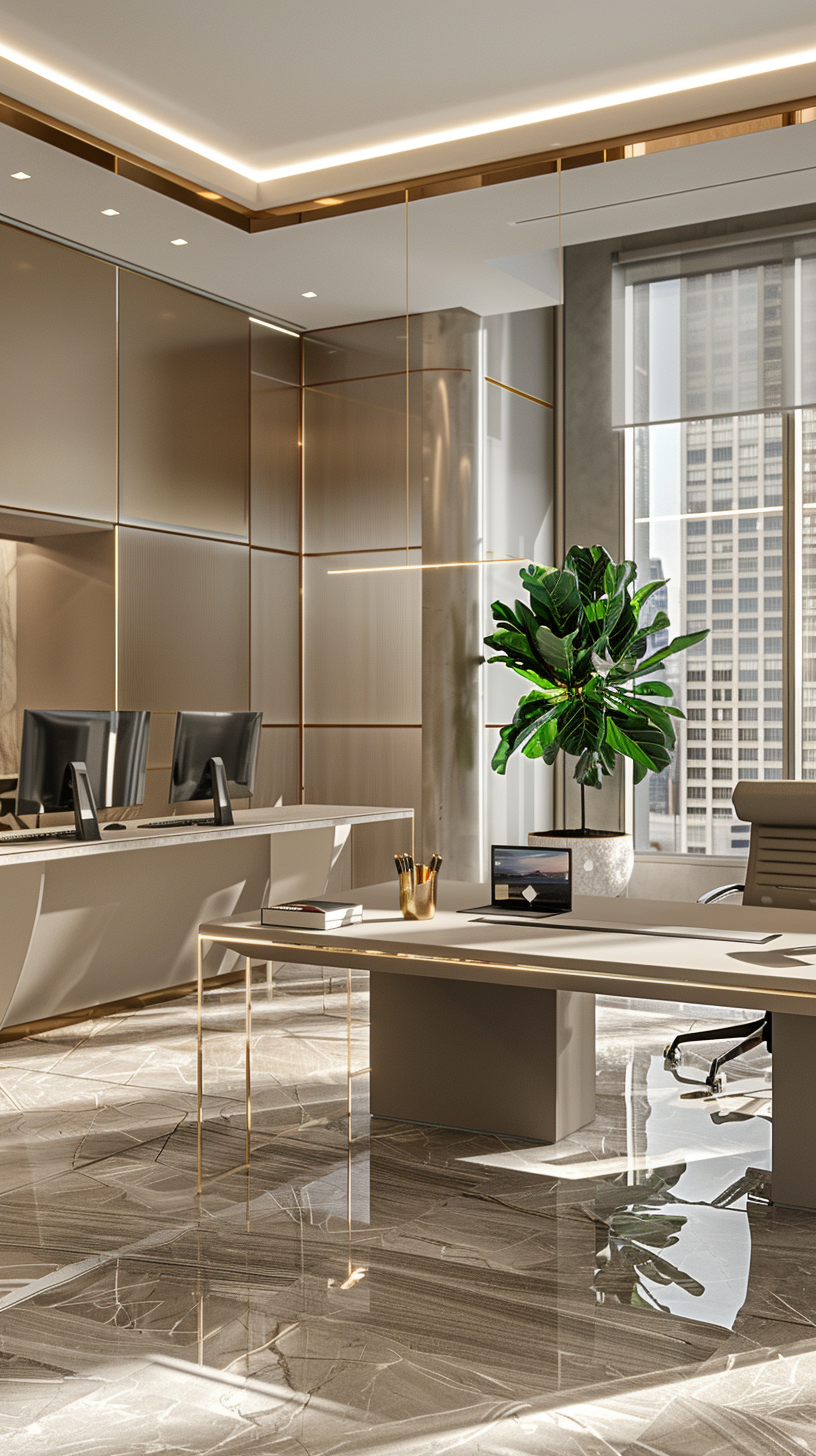 Modern office space, simple and bright, city scenery can be seen faintly outside the window.