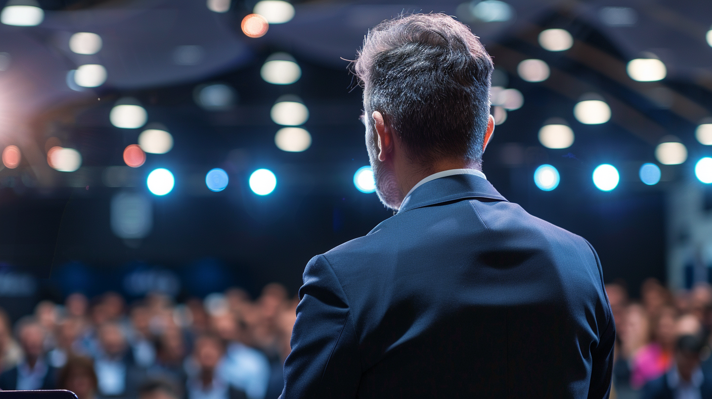The speaker on the stage was passionate, the audience was attentive, and the lighting was soft.