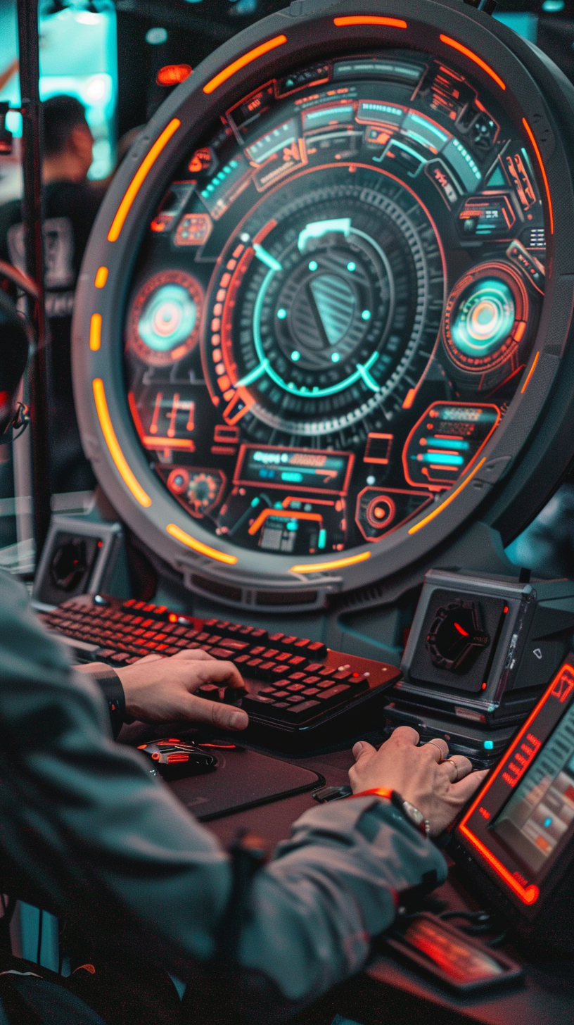 The man in black sits in front of the high-tech stage, the big screen flashes data, the keyboard tablet accompanies, the science fiction atmosphere is thick.