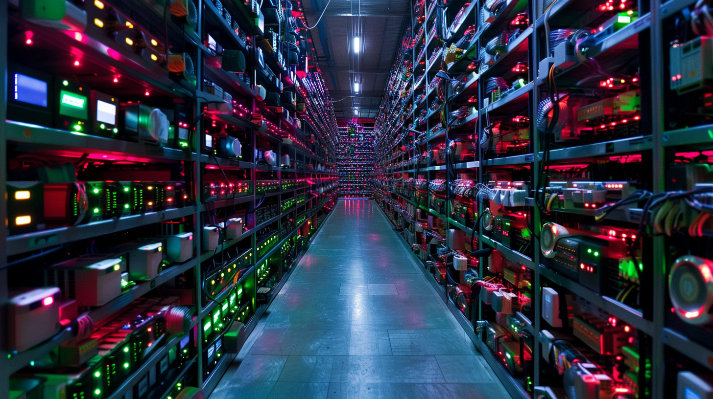Server racks are lined up, lights are flashing, and the atmosphere is high-tech.