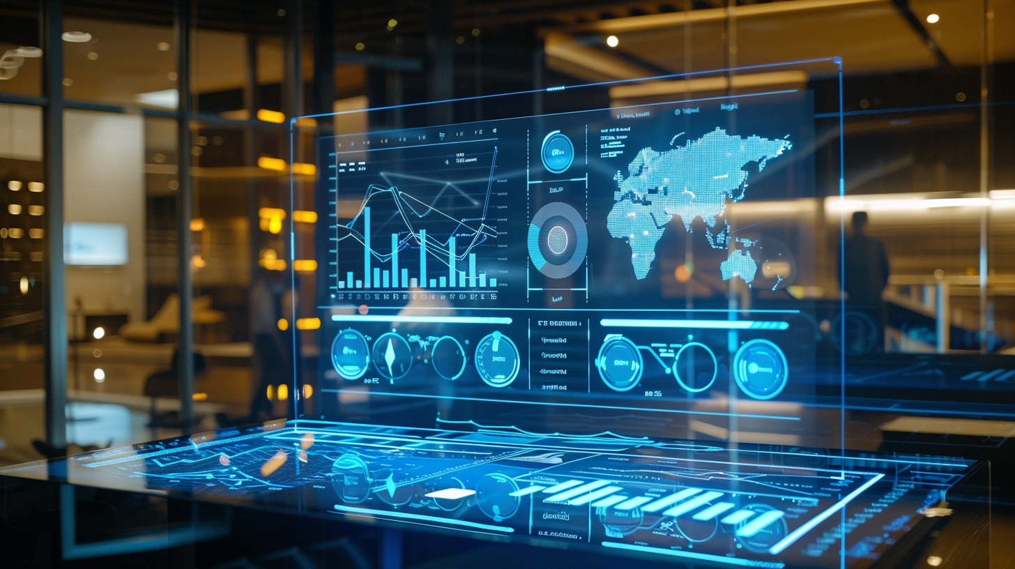 Transparent virtual screen, multiple charts, the center of the world map, modern office background.