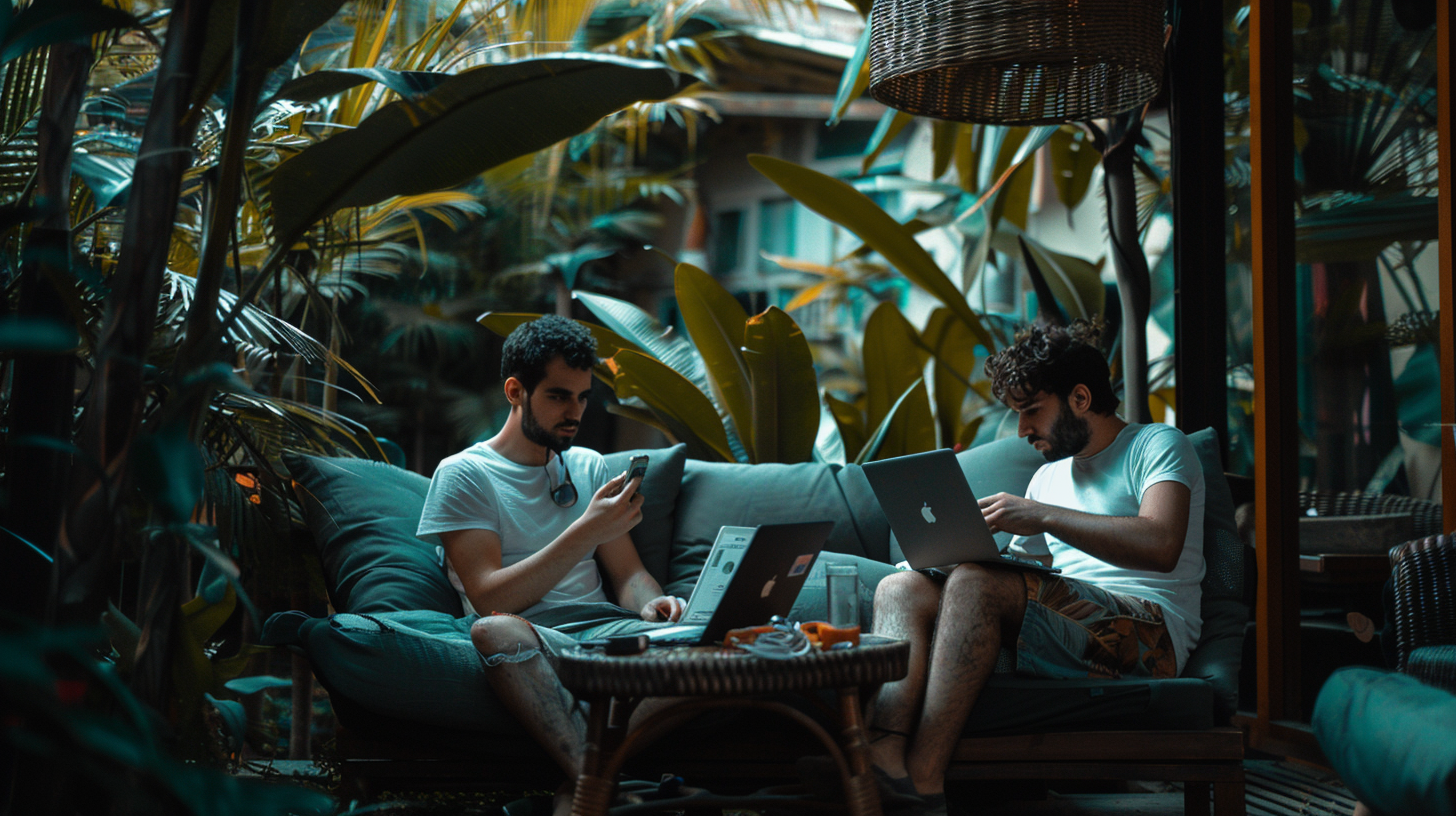 Two people in a green conference room.