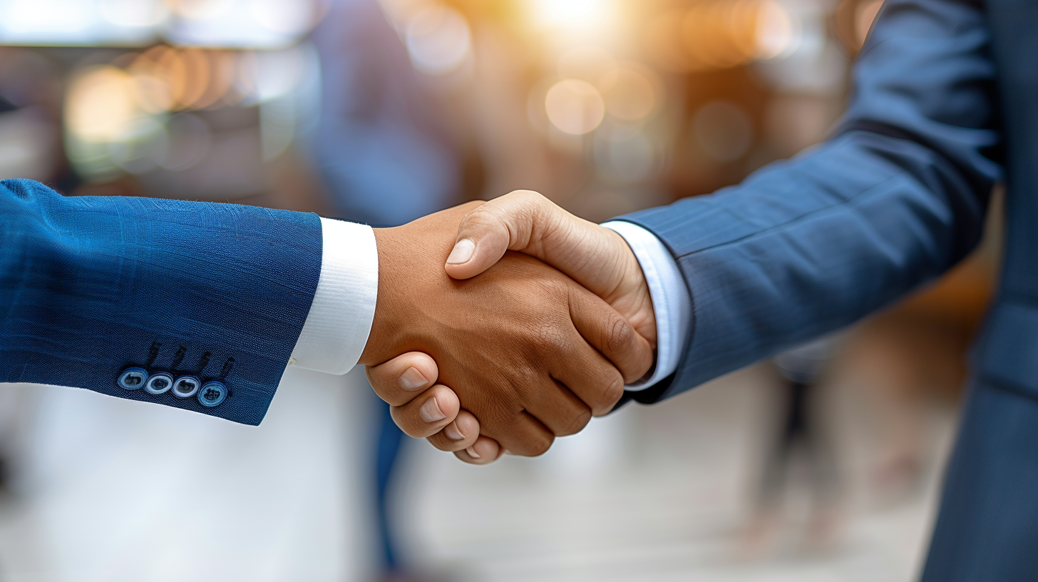 The two men in suits shook hands and exchanged hands, the background was faintly visible, and the atmosphere was solemn and cordial.