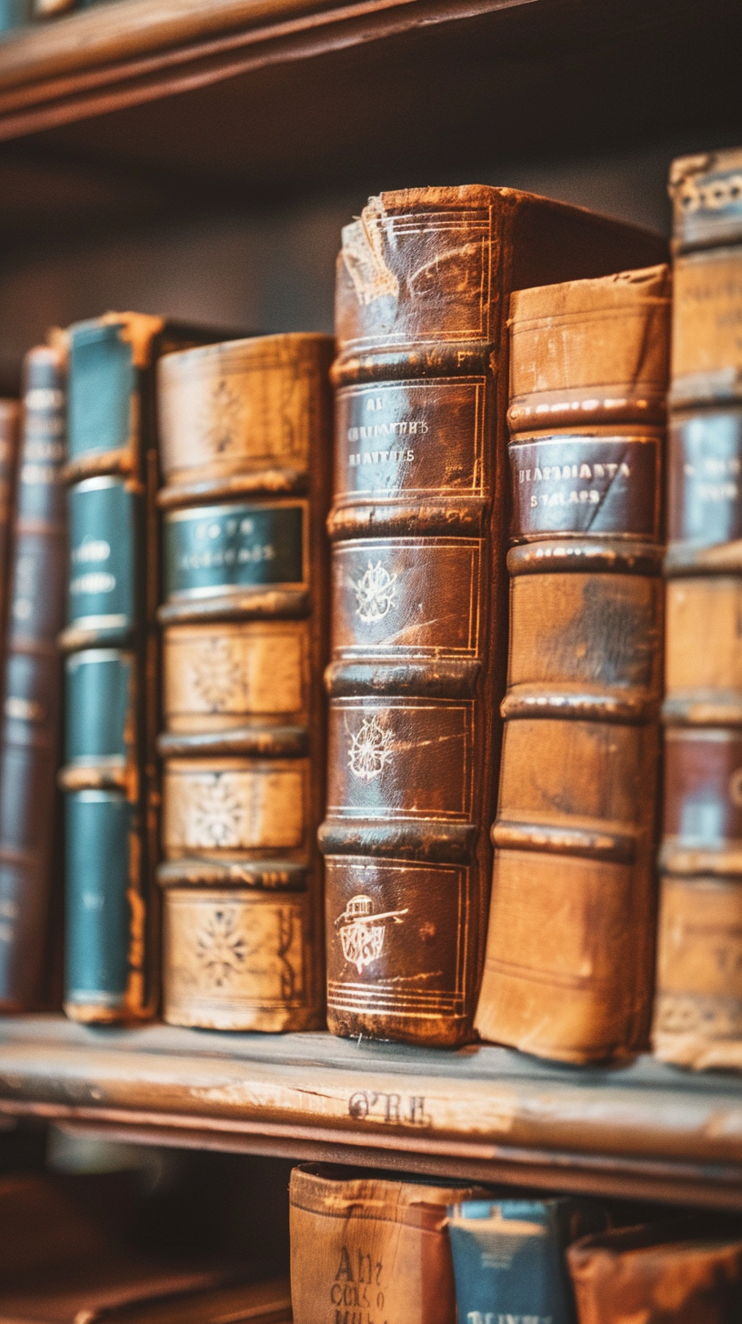 Old books are stacked neatly on the shelves, with colorful covers and clear writing on the spine.