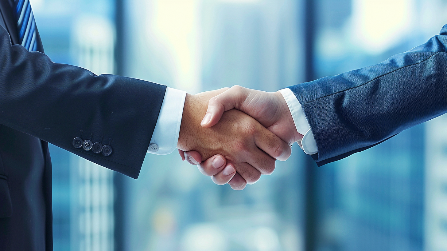 The two men shook hands in their suits as the modern office environment loomed in the background.