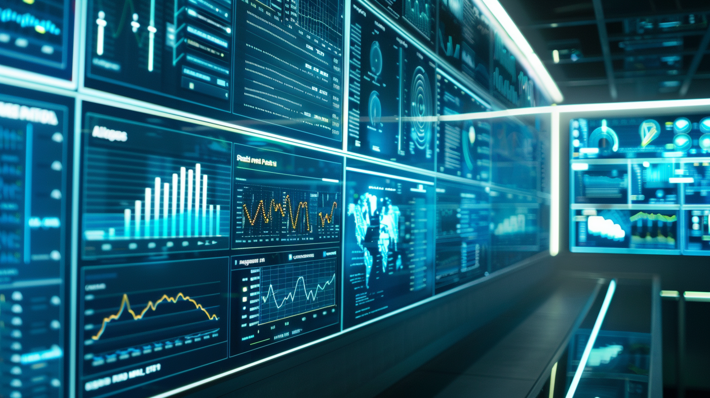 The screen wall is full of charts and data, and the scenery outside the window is hazy, showing the technological atmosphere.
