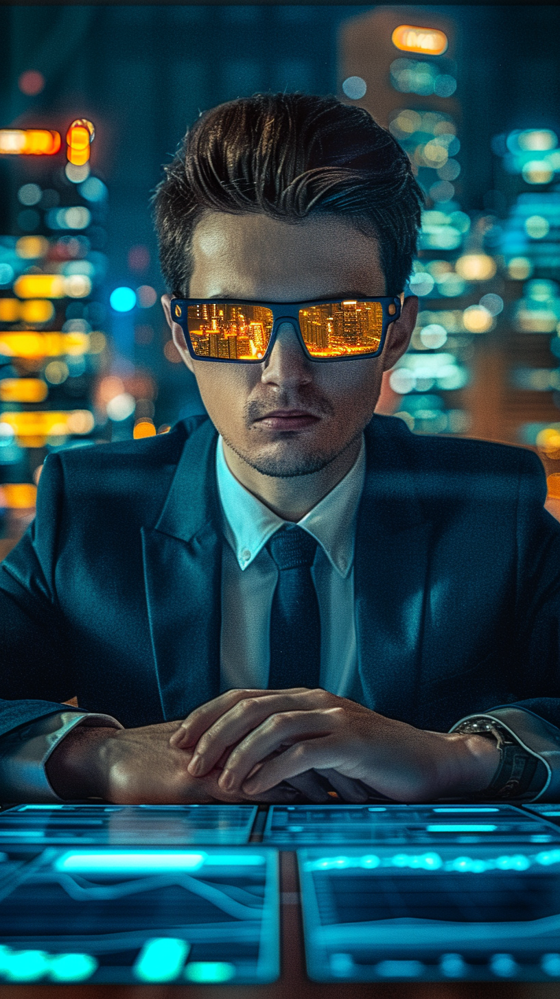 The man sits at a desk, staring intently, his sunglasses reflecting the night scene, his suit showing technology.