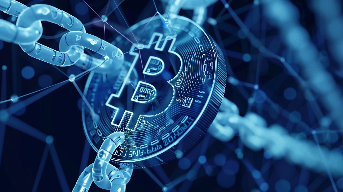 Surrounded by blue chain, the center of the bitcoin glow, a strong sense of the future of technology, the text ZY embellished.