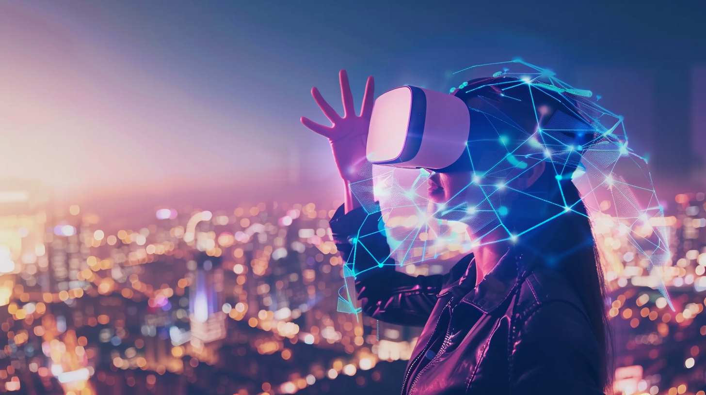 In the night city light and shadow, the characters are immersed in the VR world, and the technology atmosphere is strong.