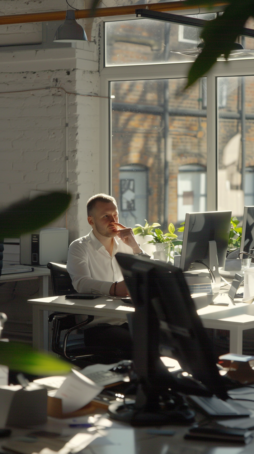 Young entrepreneurs sit in the office, city scenery outside the window, focus on work.