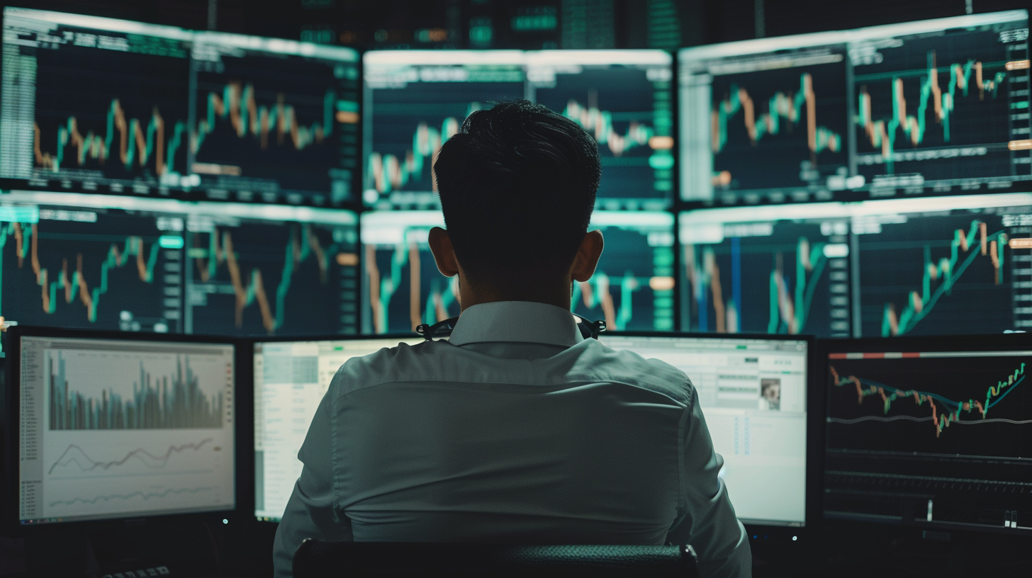 A man sits on his back, focused on stock market data, in a dim professional environment, with a bright screen reflecting his face.