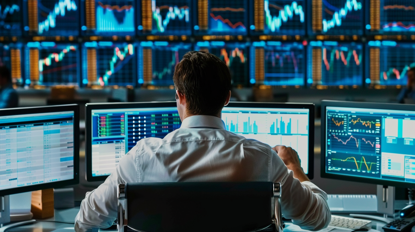 Financial analysts sit at their desks, display stock market information on multiple screens, and focus on analyzing trading dynamics.