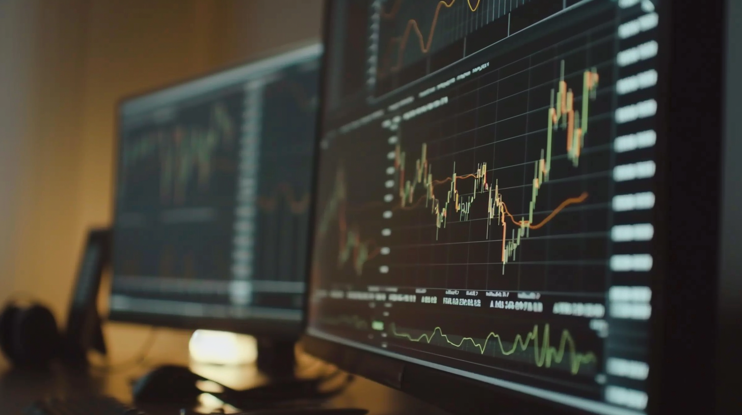 Double screen interweaving stock market data, red and green fluctuations reflect the busy market, dim background shows busy.