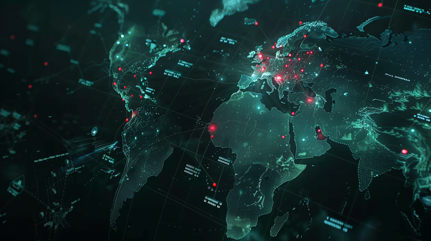 Global network map, interwoven red and white dots, scientific and technological presentation, data visualization.