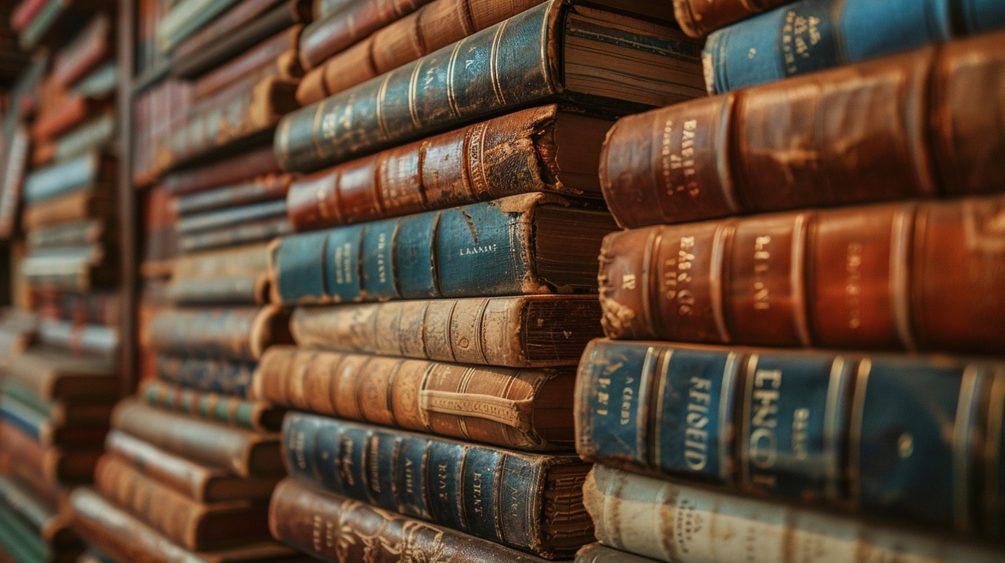 Stacks of old books, colorful covers, bookish smell.