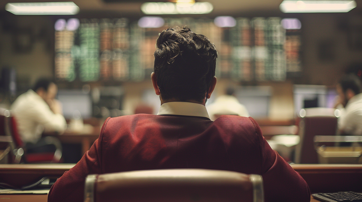Men sit in the office with their backs to the camera, red suits are professional, colleagues are busy, and the environment is orderly.