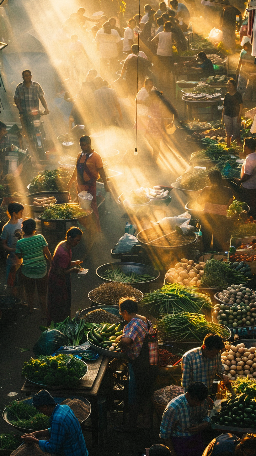 The market was packed with people and there were fruits and vegetables everywhere in the sun.