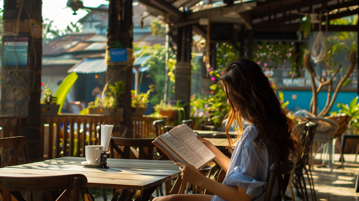 The woman was reading in the tavern, sunny, green, quiet.