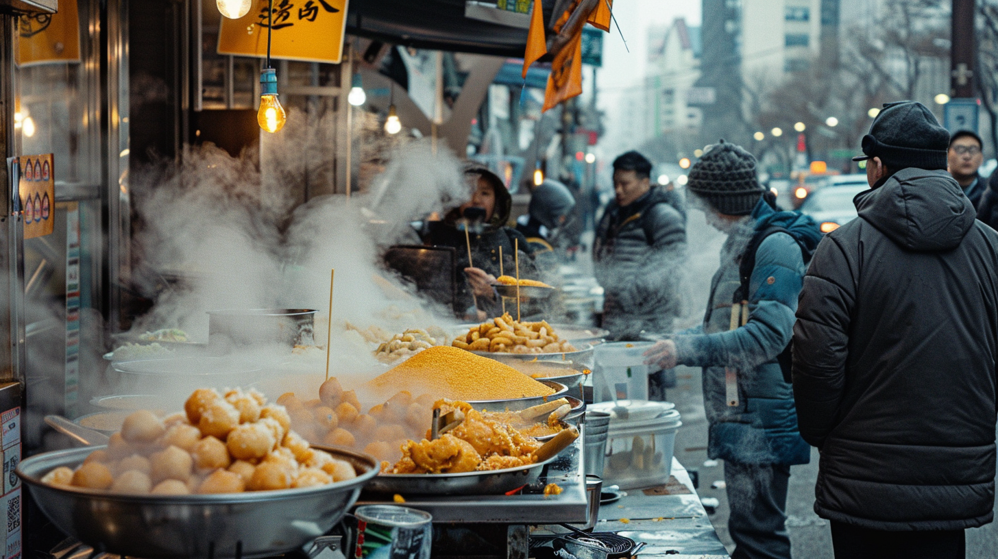 Customers stood by kiosks, lots of food, lamps and streets.