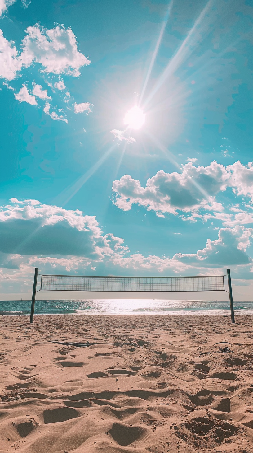 Beach volleyball net in the sun, blue sky and quiet beach.