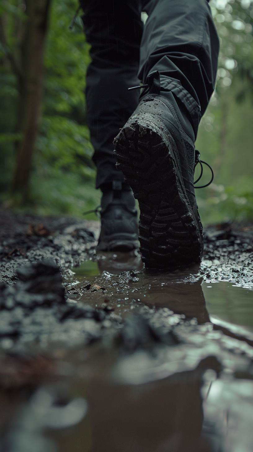 Black shoes, heavy clay, blurred direction.