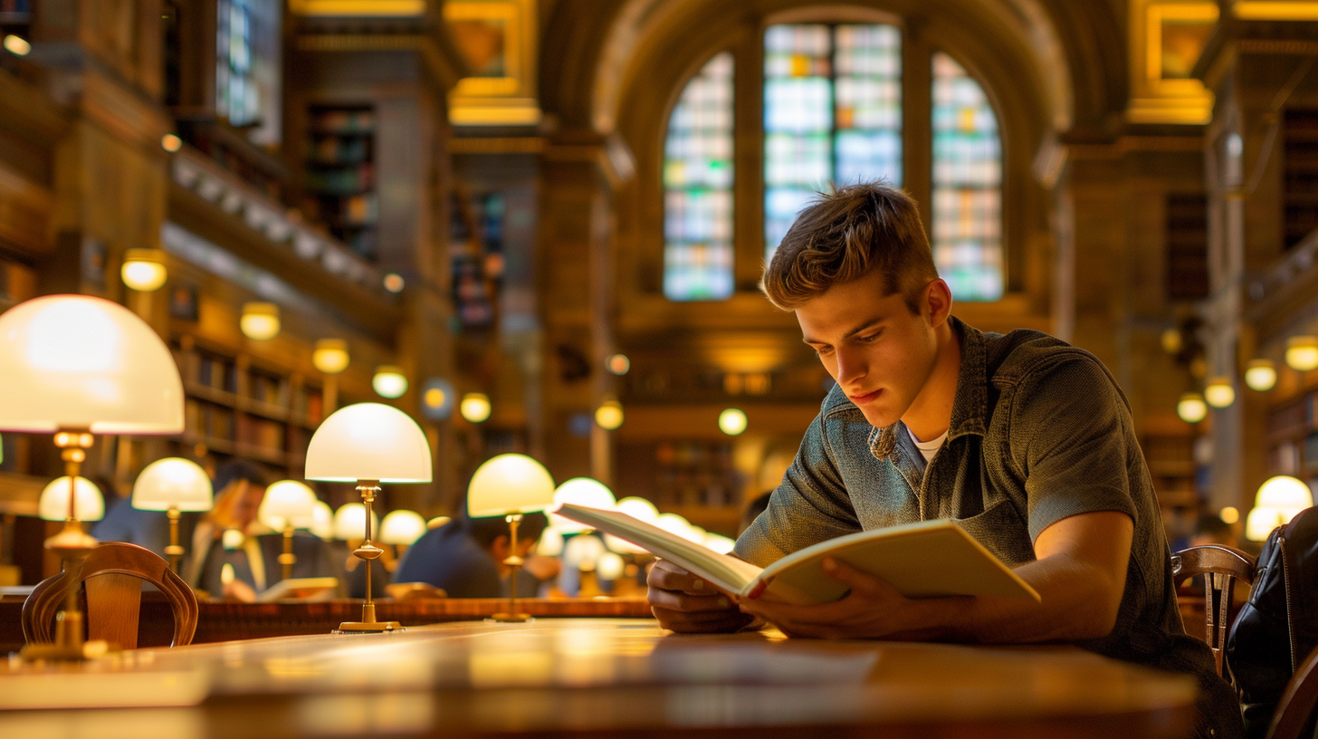 Young people who are busy in the library concentrate on reading and enjoy the quiet, quiet and climate.