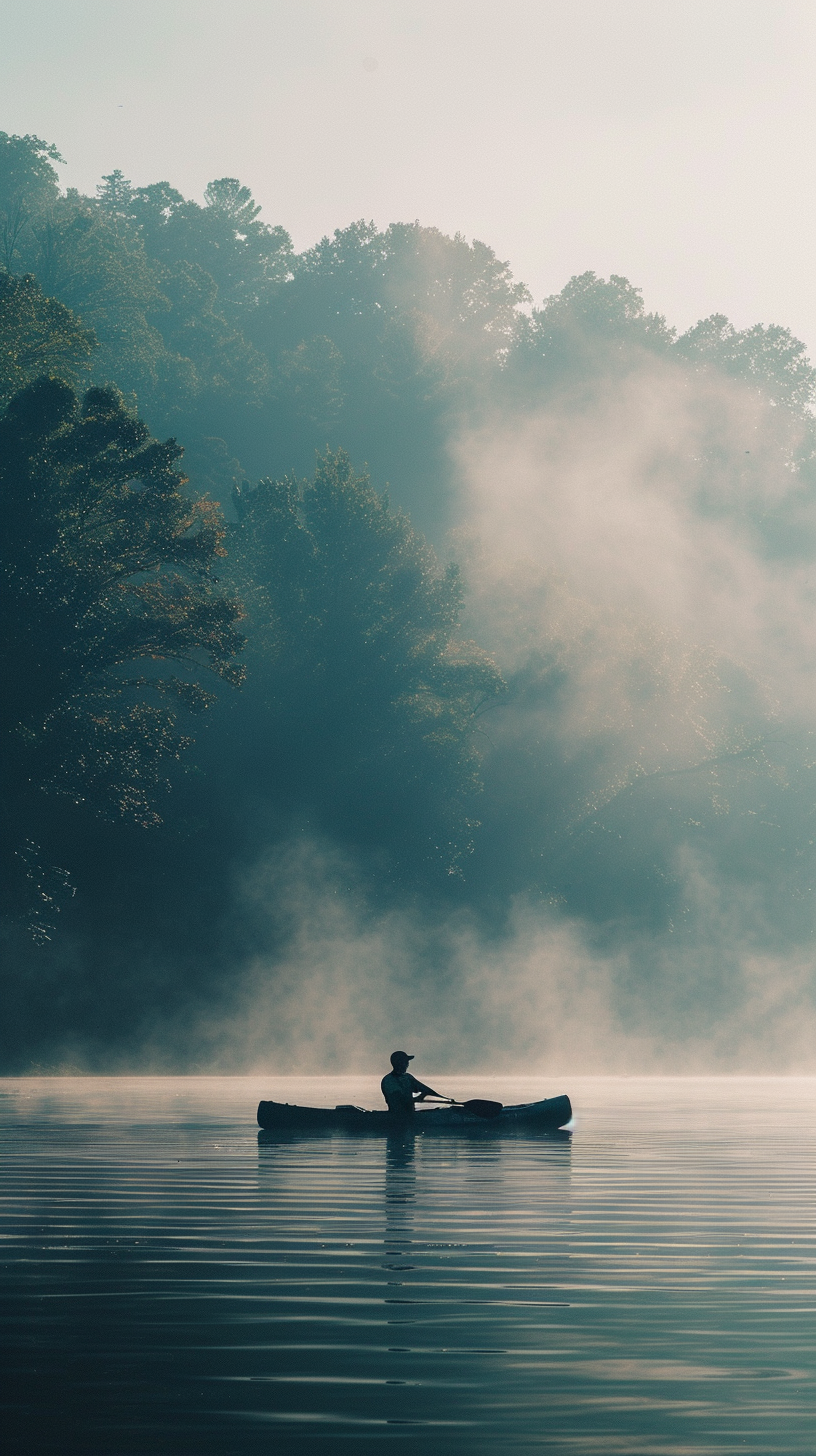 The boat sailed in the lake when it was foggy.