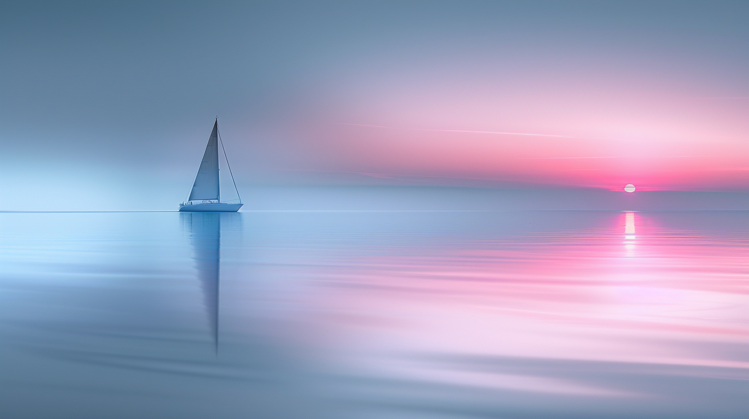 A sailboat sails on the sea, the clear blue sky transformed by sunshine, peace and quiet.