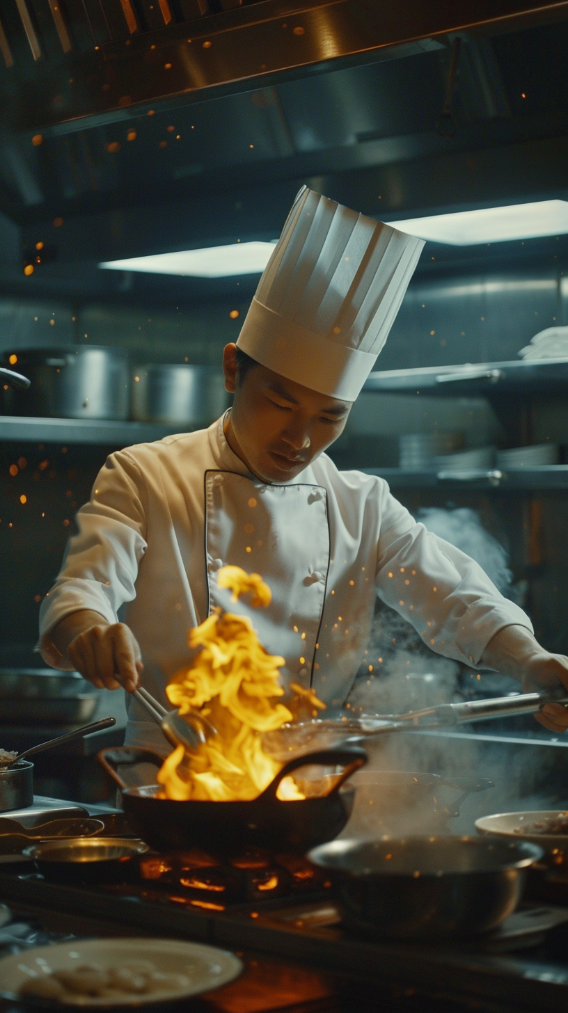 The chefs wear white and only cook and light fires, which in a modern kitchen is on par with their level of expertise.