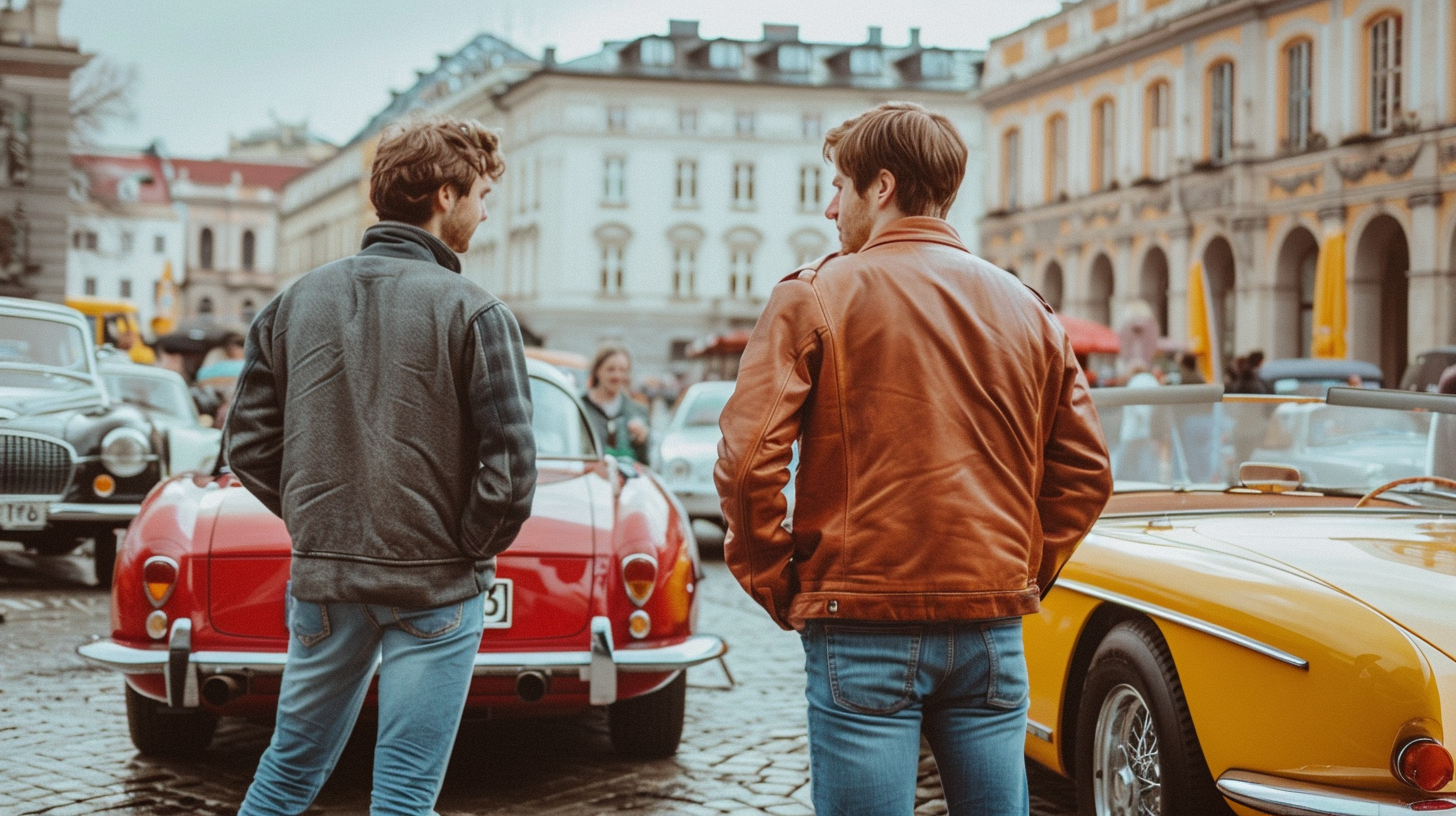 Two men were standing next to a red and yellow car at the back of a city street.