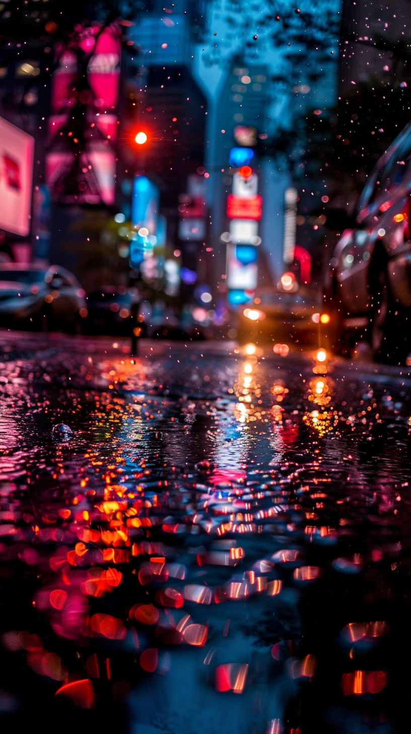 Streets in the rain, glowing light bulbs, fences, faint sunlight, flickering at dawn.