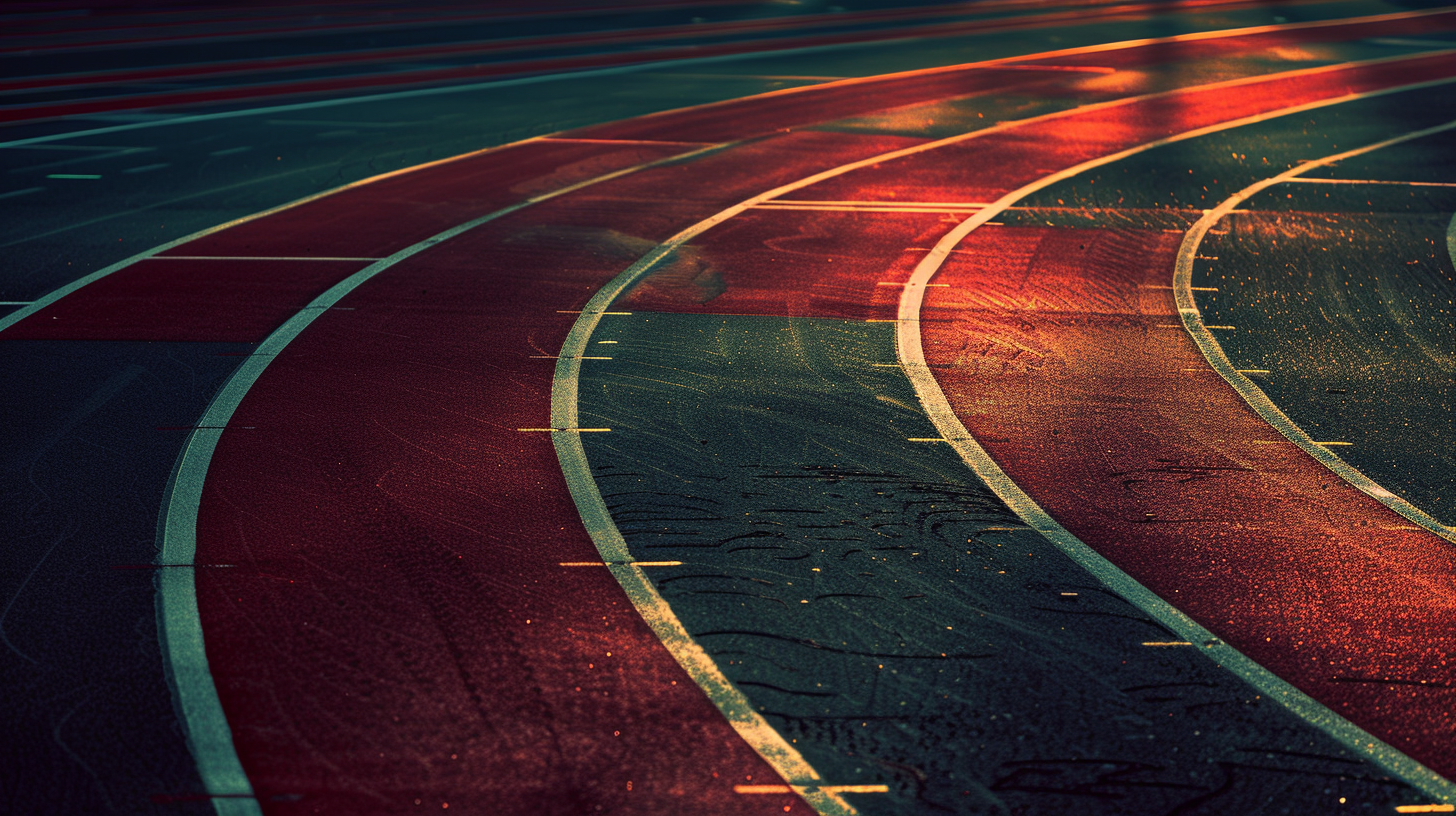 The track is red and white, the sun is warm and the stadium is bright.